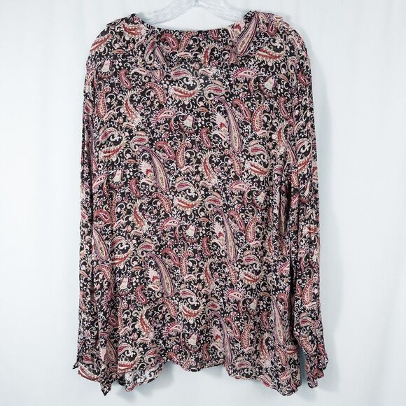 J Jill Ruffled Crepe Rayon Paisley Blouse Womens Large Red Black Boho Artsy - Picture 2 of 14